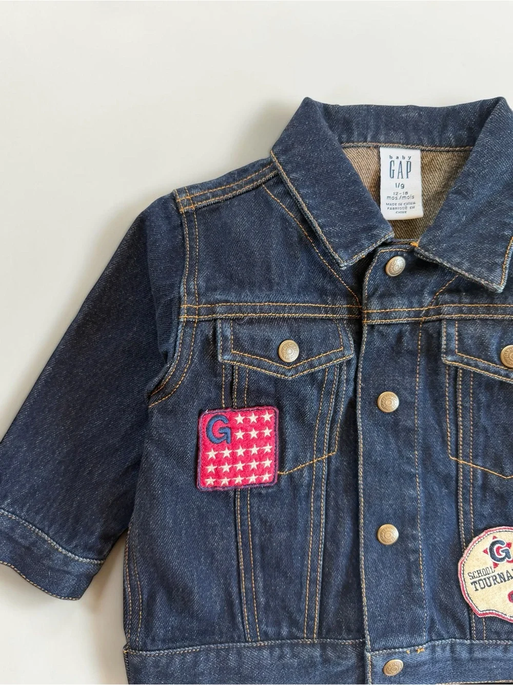 VINTAGE GAP EUC Dark Wash Denim Sports Soccer Football Patch Denim Jacket